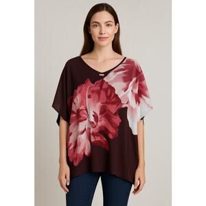 Chico’s S/M Sheer Floral Blouse Burgundy Pink Oversized Poncho Top Flowy